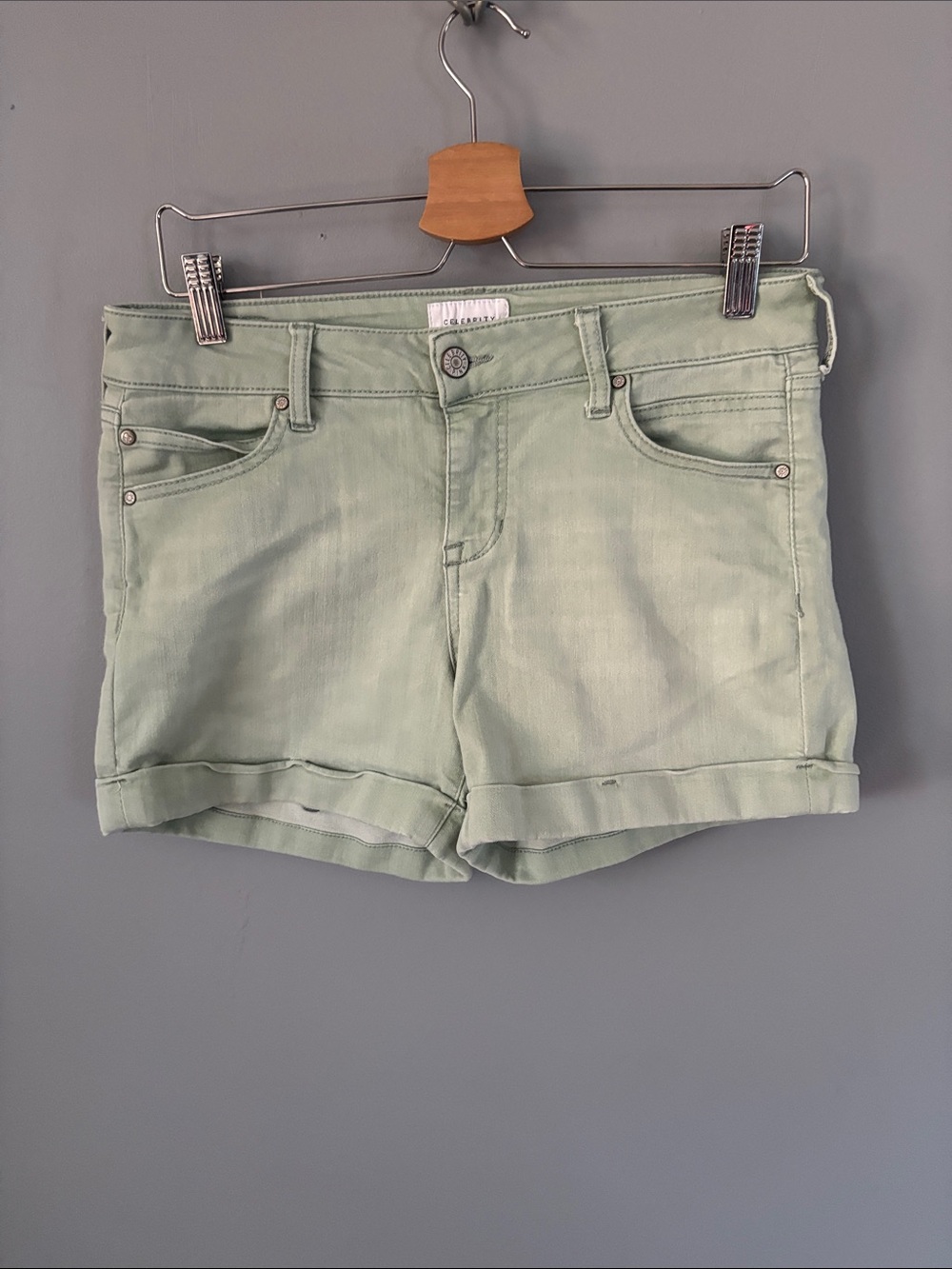 Celebrity Pink Light Sage Rolled Hem Denim Shorts